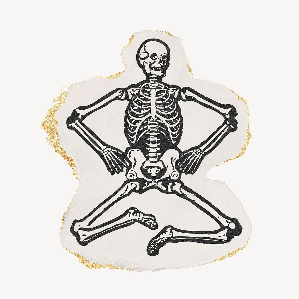 Human skeleton ephemera drawing, ripped paper, gold shimmer collage element psd