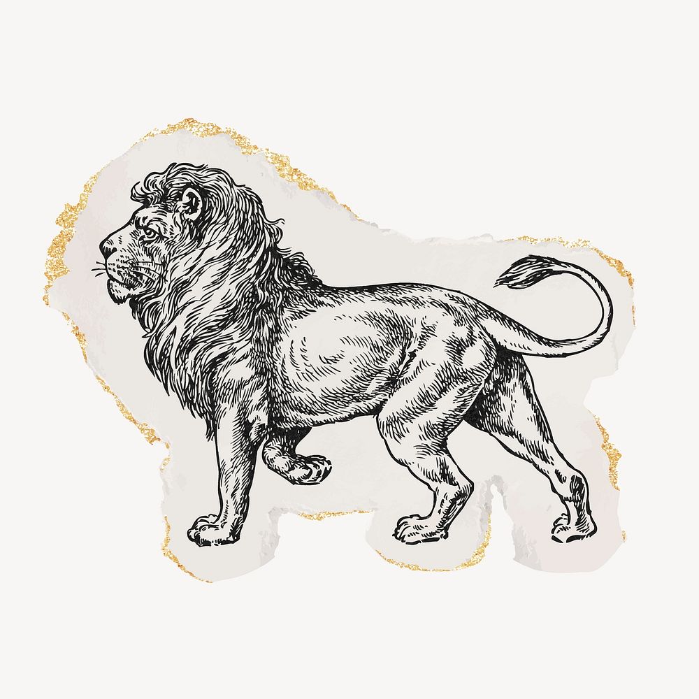 Lion ripped paper clipart, gold glittery vintage illustration vector