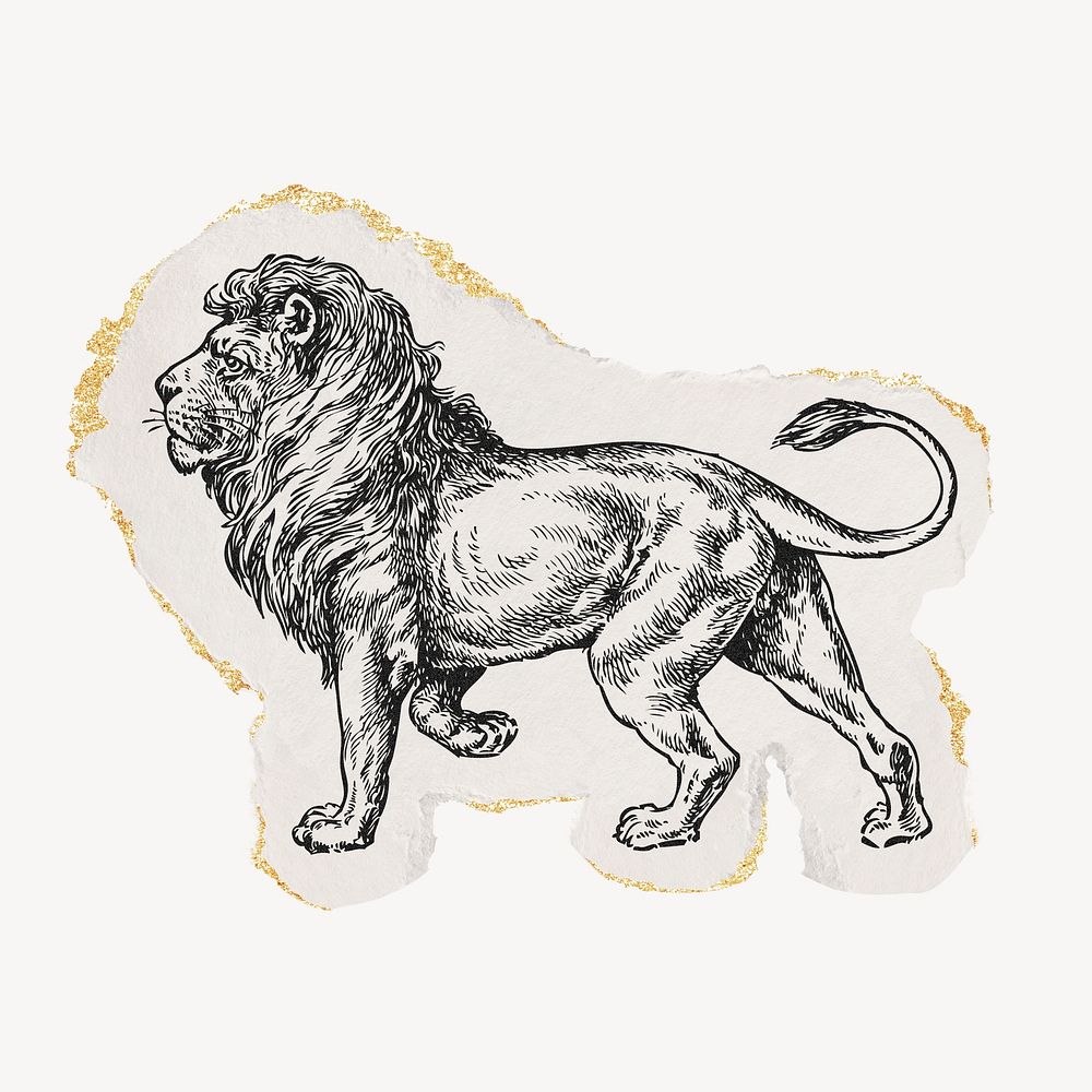 Lion drawing, ephemera torn paper, gold shimmer, vintage illustration