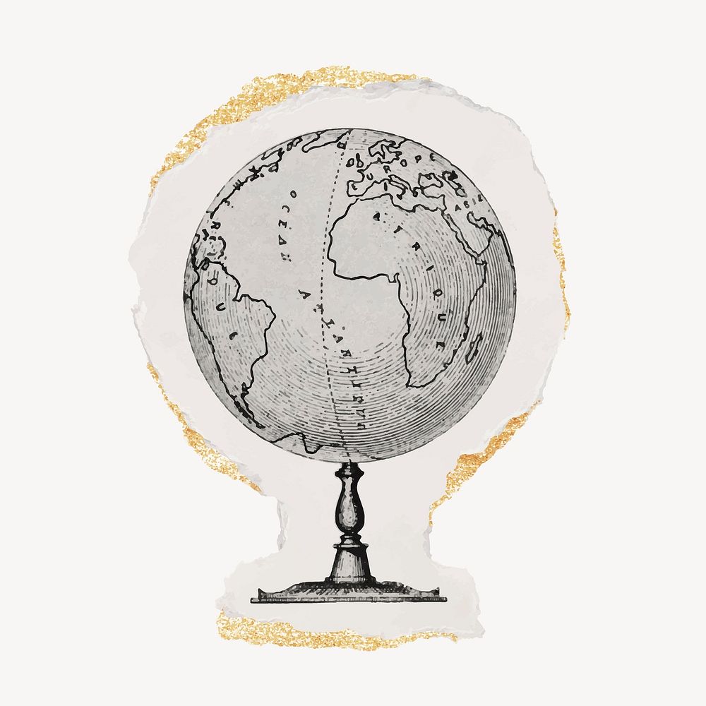 Ephemera globe ripped paper clipart, gold glittery vintage illustration vector