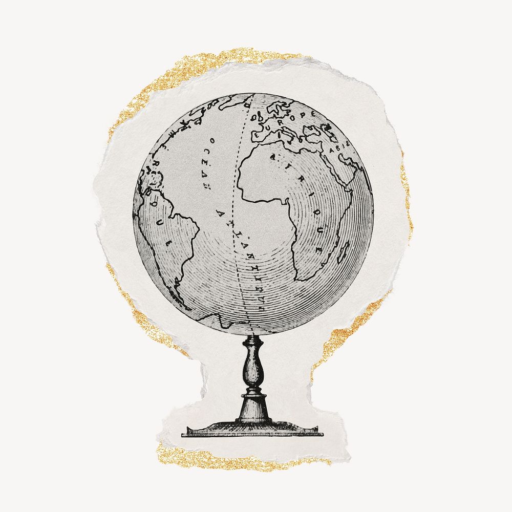 Globe drawing, ripped paper, gold shimmer collage element psd