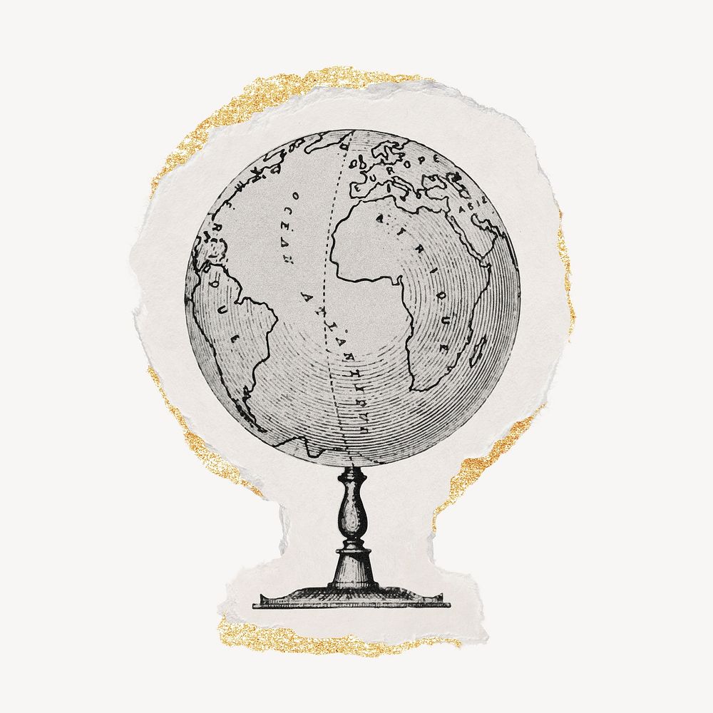 Globe drawing, torn paper, gold shimmer, vintage illustration