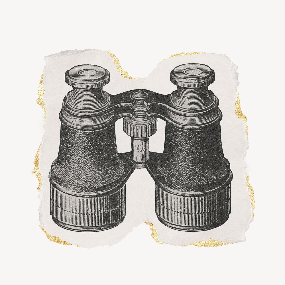 Binoculars ephemera drawing, torn paper, gold shimmer, vintage illustration