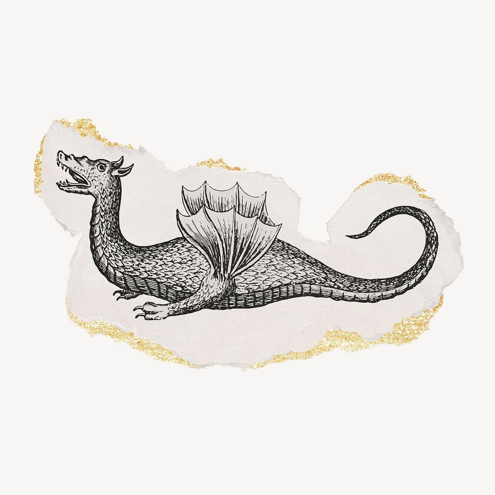 Mythical dragon drawing, torn paper, gold shimmer, vintage illustration