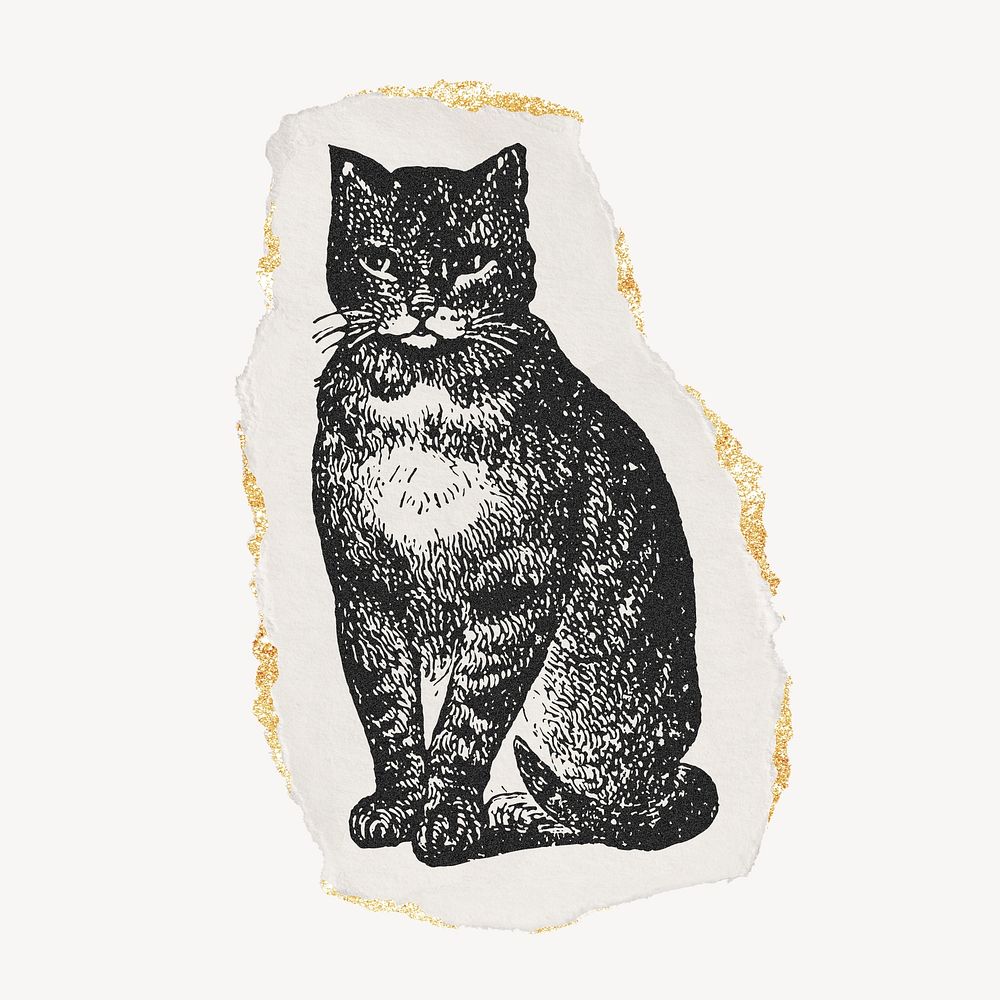 Ephemera Cat drawing, ripped paper, gold shimmer collage element psd.