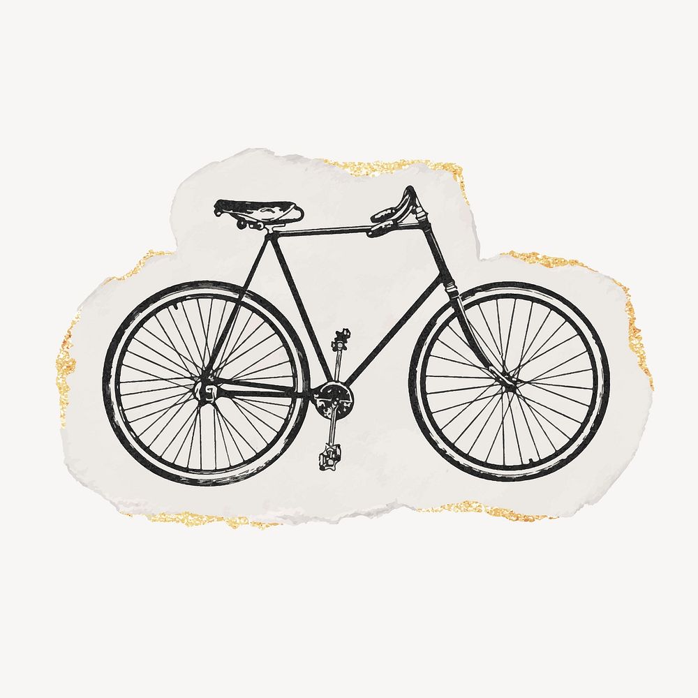 Bicycle ripped paper clipart, gold glittery vintage illustration vector