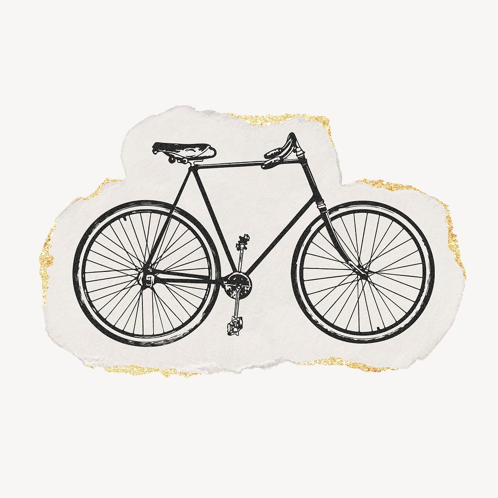 Ephemera bicycle drawing, ripped paper, gold shimmer collage element psd