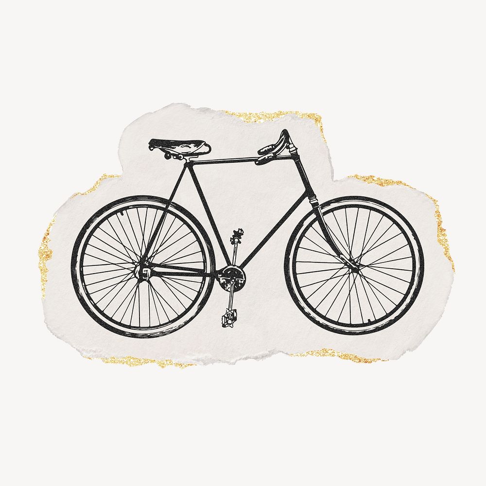 Bicycle ephemera drawing, torn paper, gold shimmer, vintage illustration