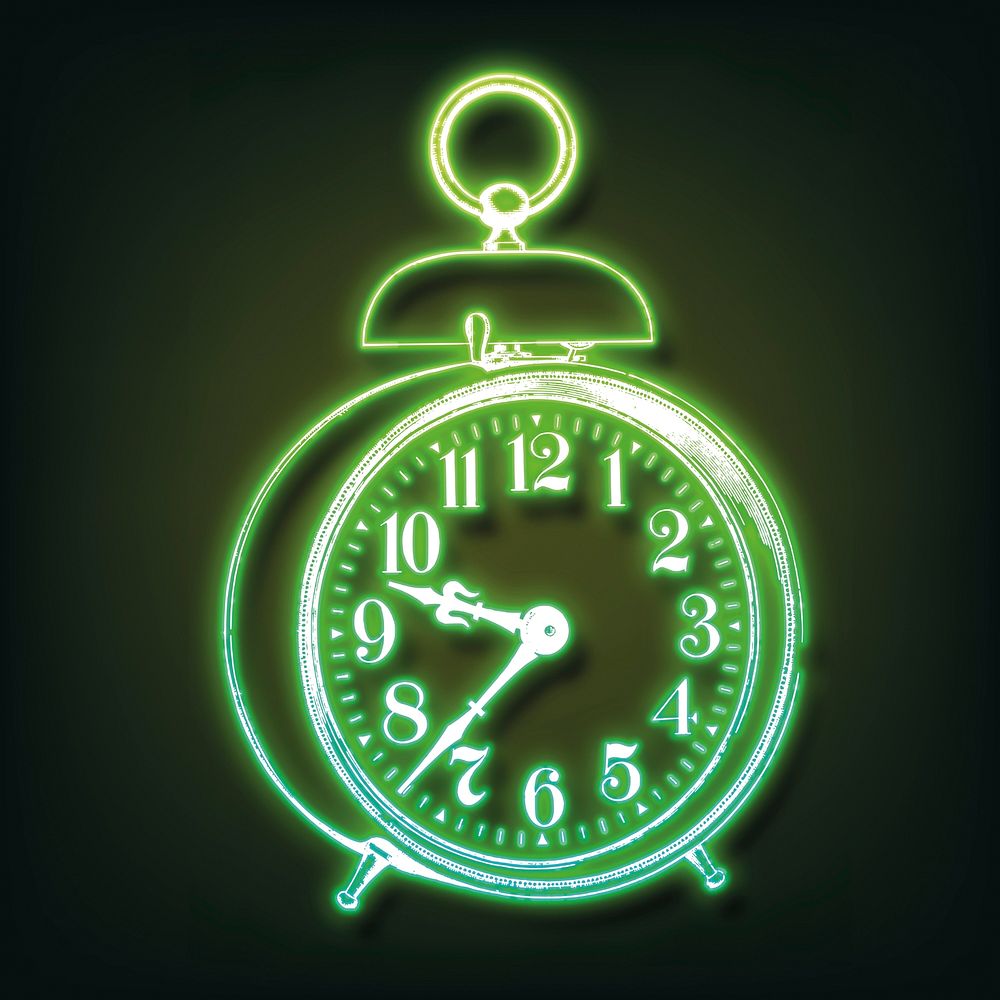 Alarm clock, green neon, object aesthetic illustration