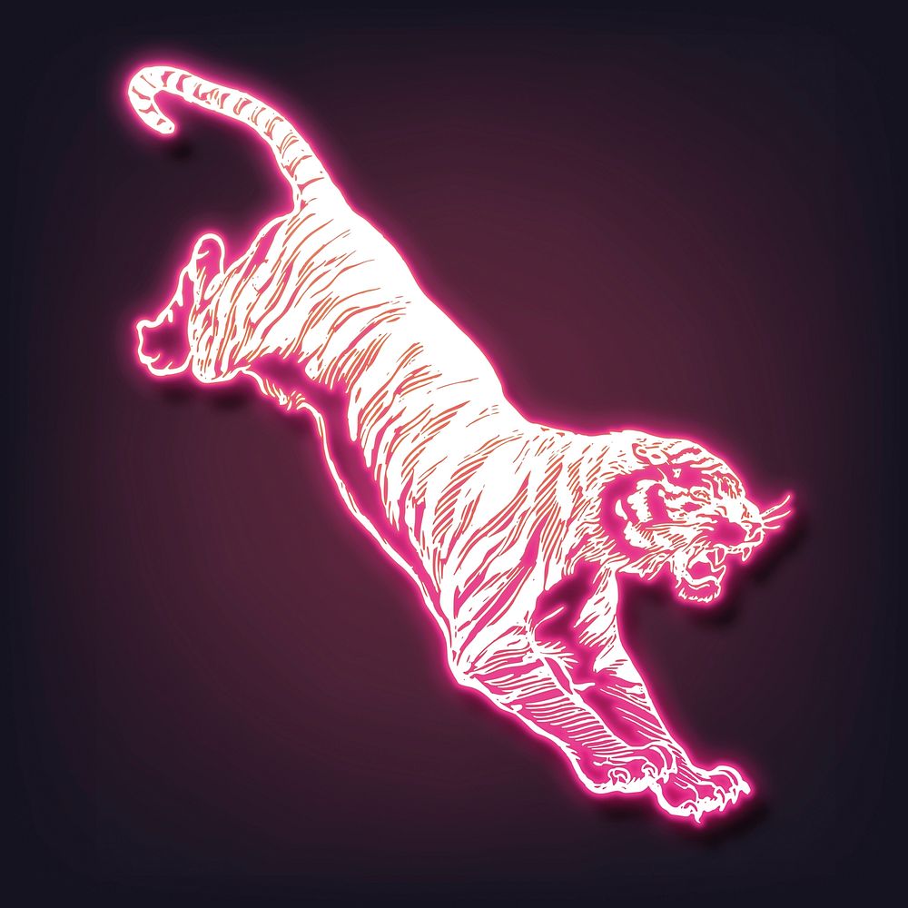 Jumping tiger, pink neon, animal aesthetic illustration