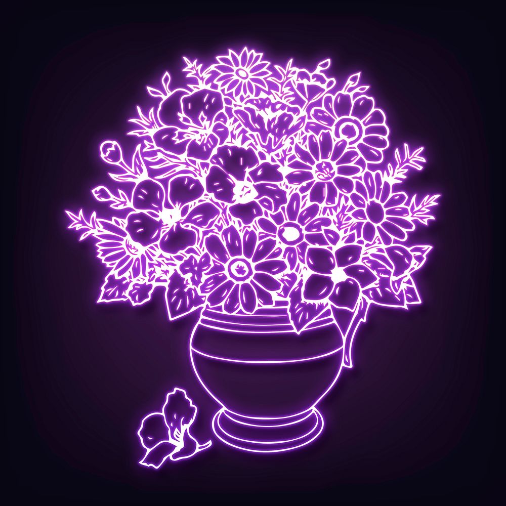 Neon flower vase clipart, purple aesthetic illustration psd