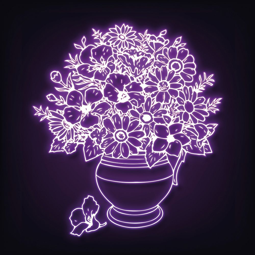 Aesthetic flower vase neon sticker, botanical illustration vector