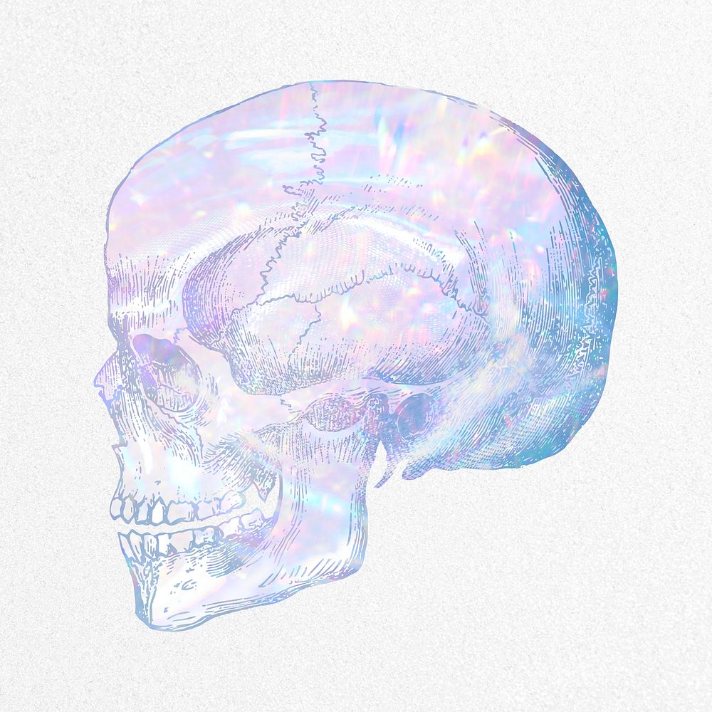 Aesthetic skull collage element, holographic illustration psd