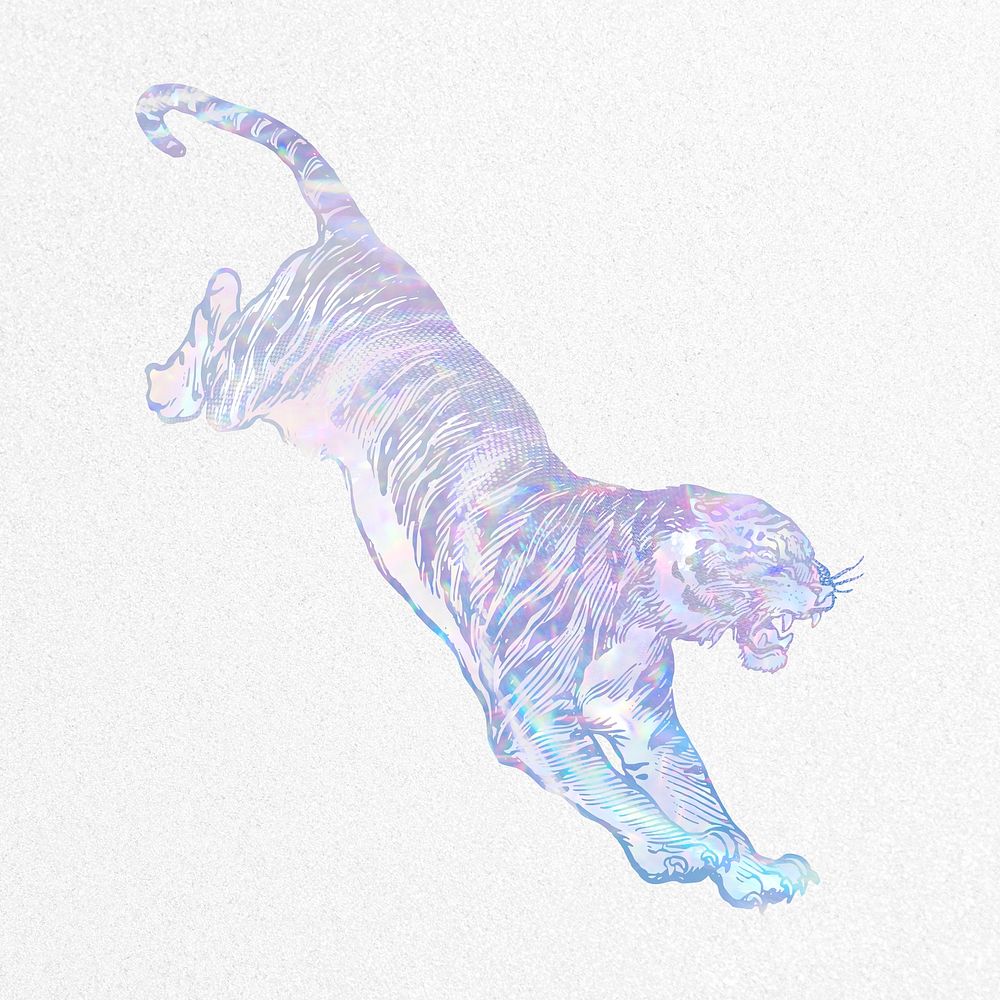 Aesthetic jumping tiger clipart, vintage holographic illustration