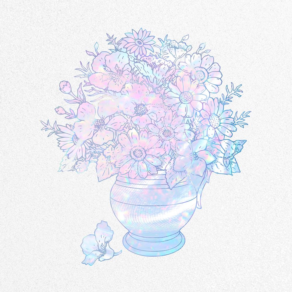 Aesthetic flower vase clipart, vintage holographic illustration