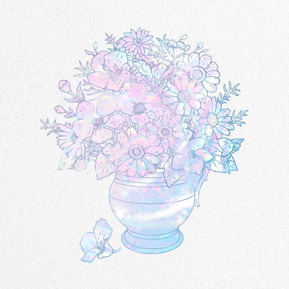 Aesthetic flower vase collage element, holographic illustration psd