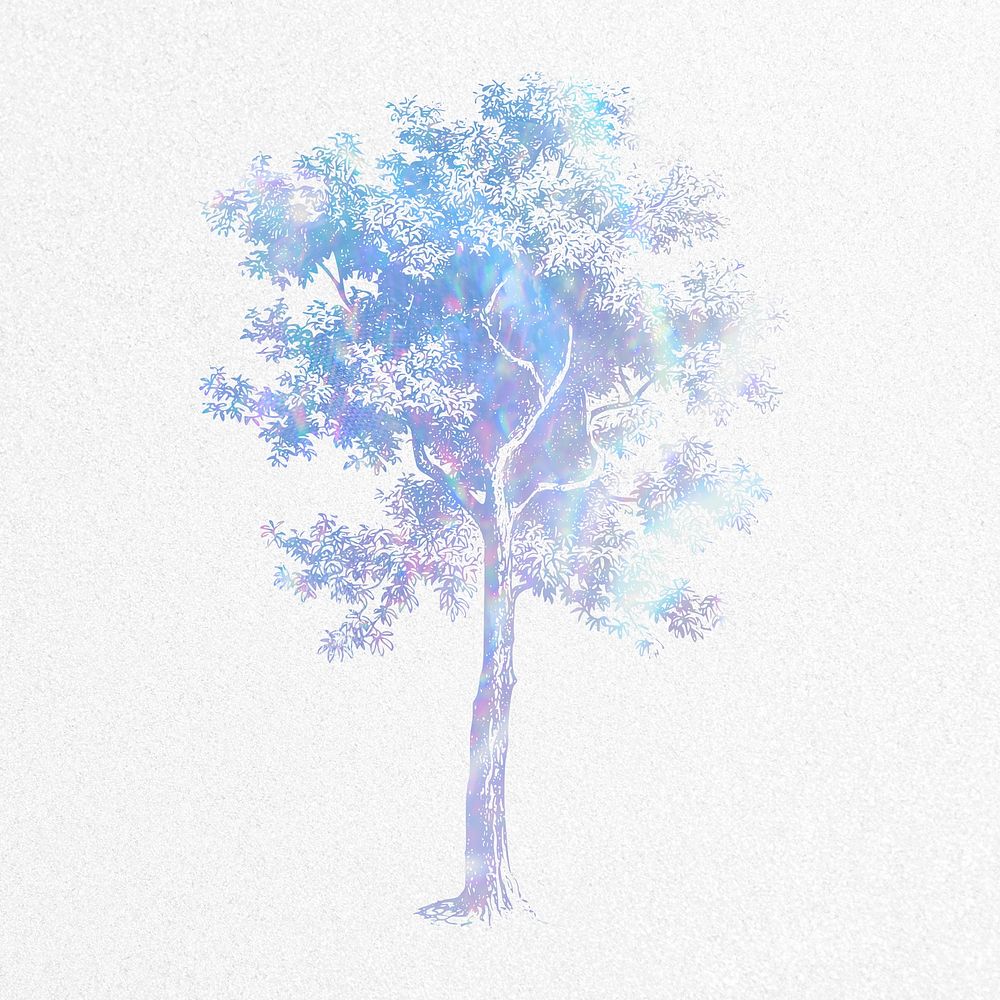 Aesthetic tree collage element, botanical holographic illustration psd