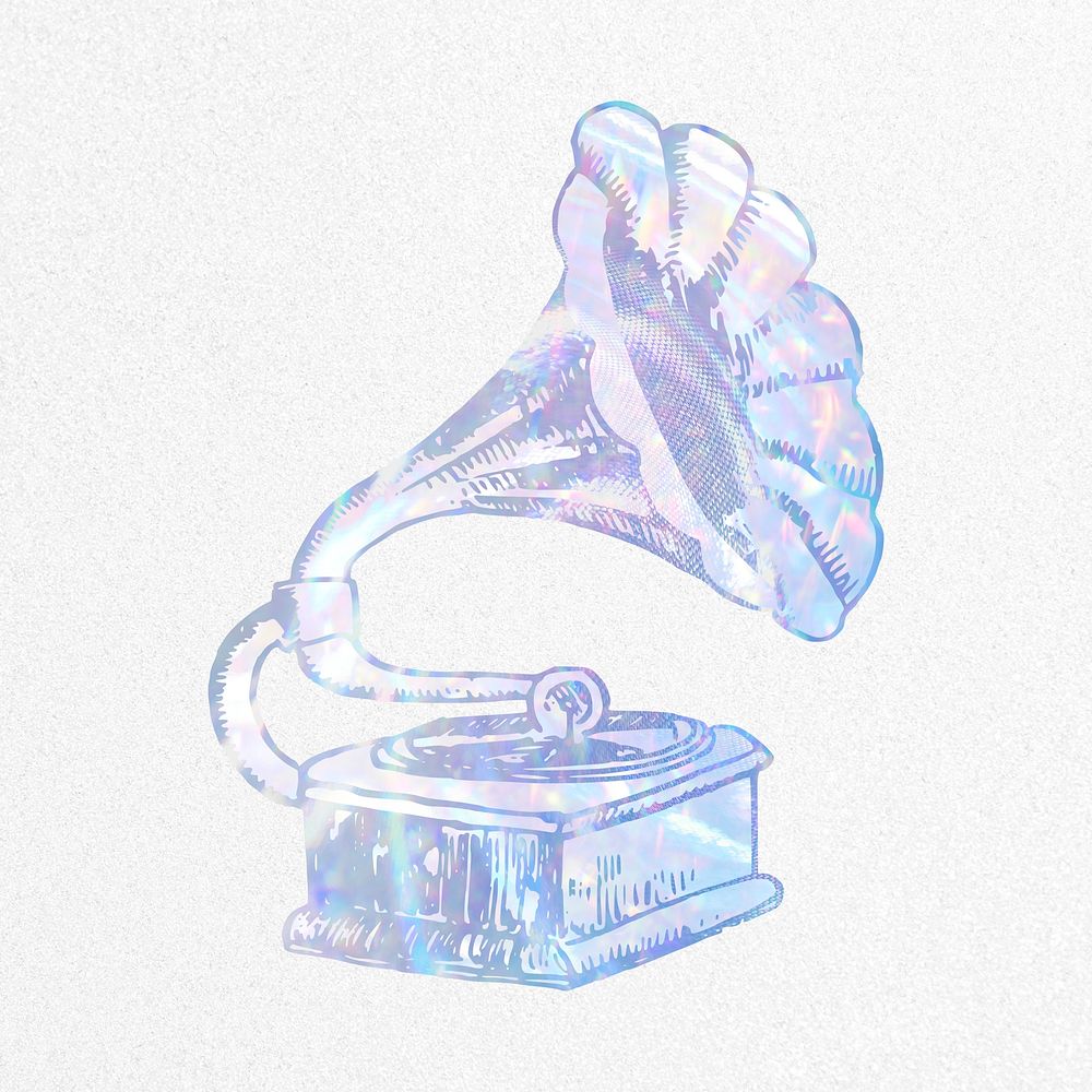 Aesthetic gramophone collage element, holographic illustration psd