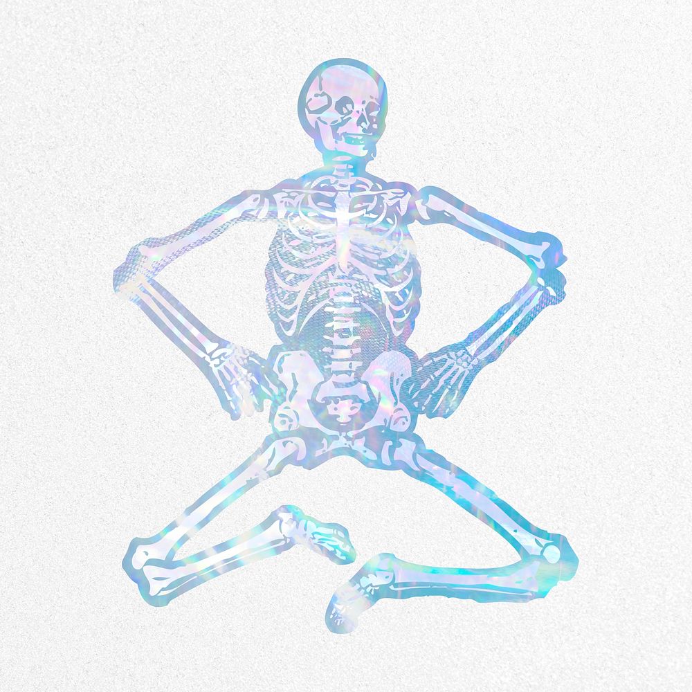 Aesthetic skeleton collage element, holographic illustration psd