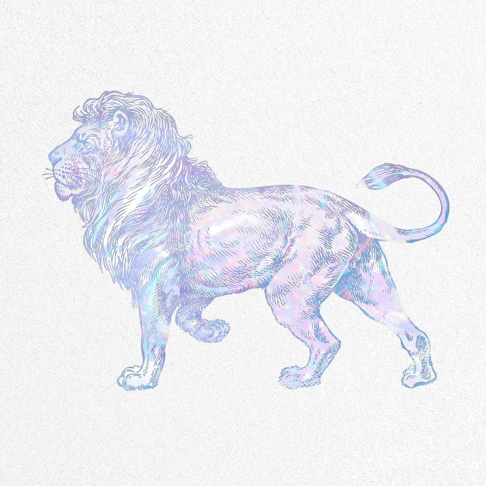 Aesthetic lion collage element, animal holographic illustration psd