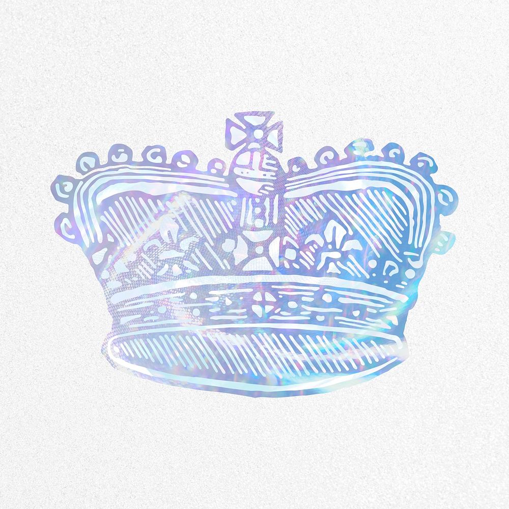 Aesthetic crown collage element, holographic illustration psd
