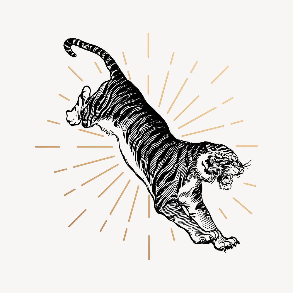 Jumping tiger drawing, vintage wildlife illustration psd