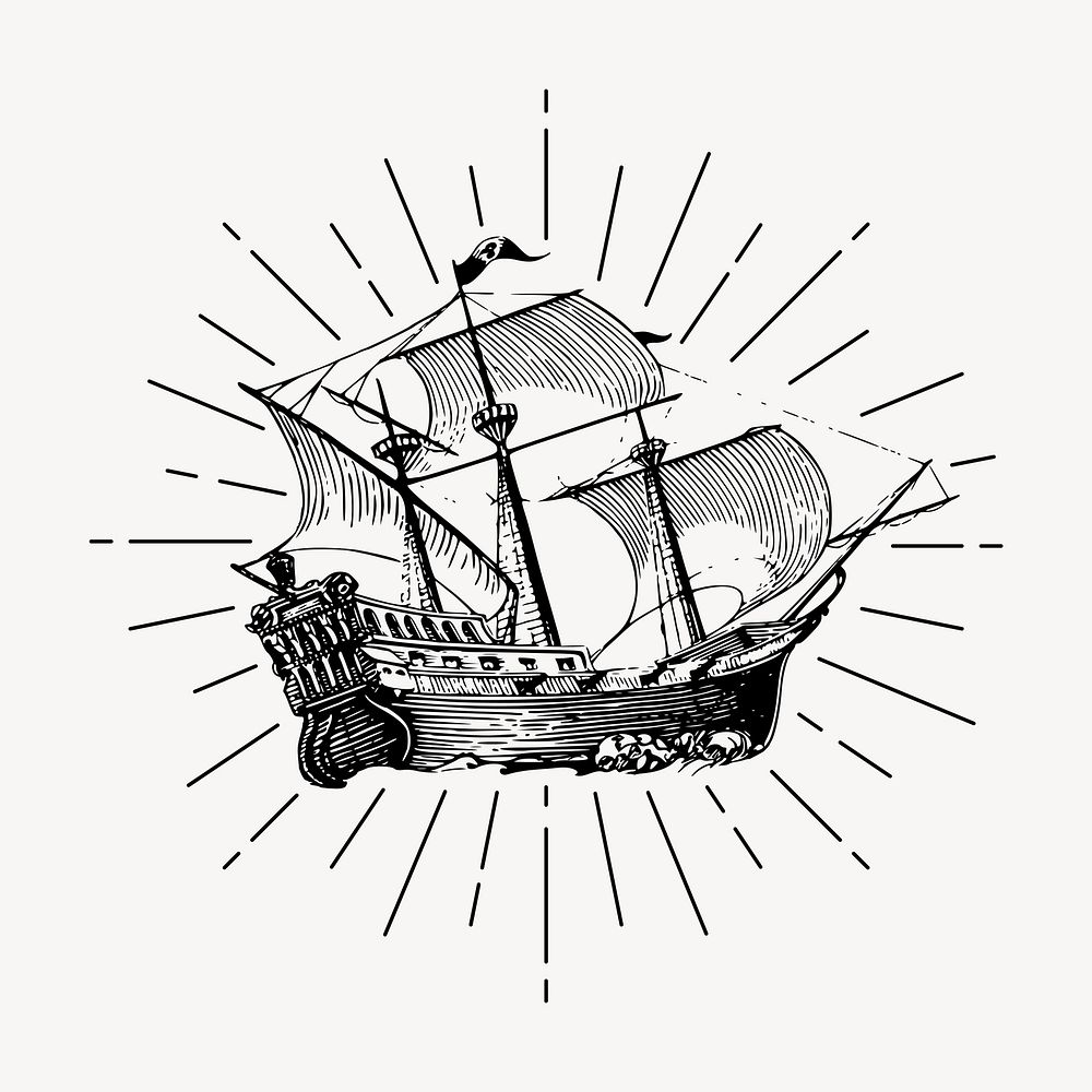 Sailing ship drawing, vintage adventure illustration