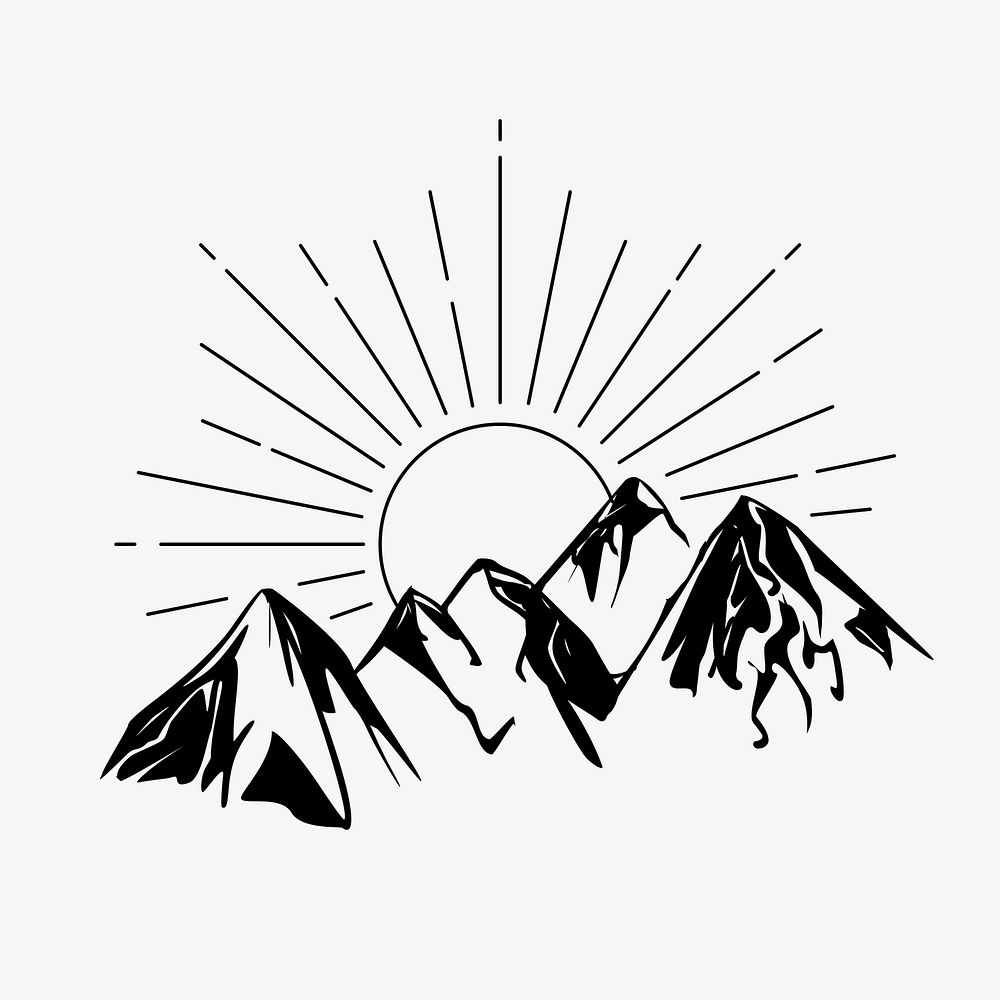 Mountain sunrise clipart, vintage nature drawing vector