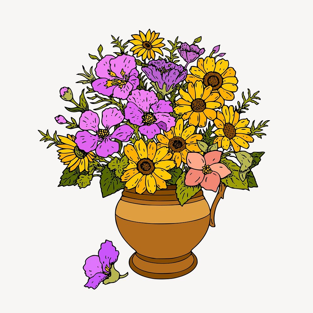 Bouquet flower vase, vintage botanical illustration