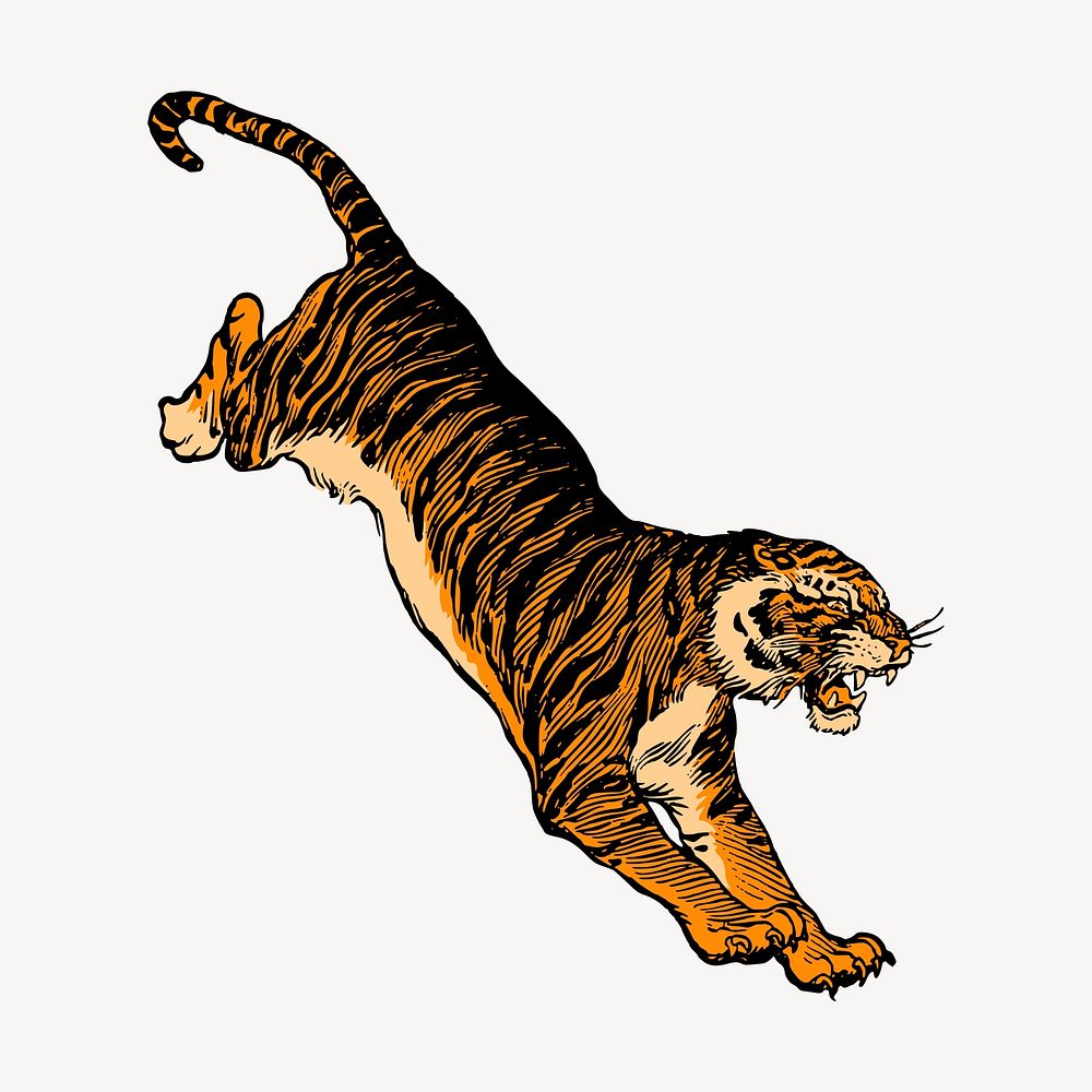 Jumping tiger collage element, vintage wildlife illustration vector