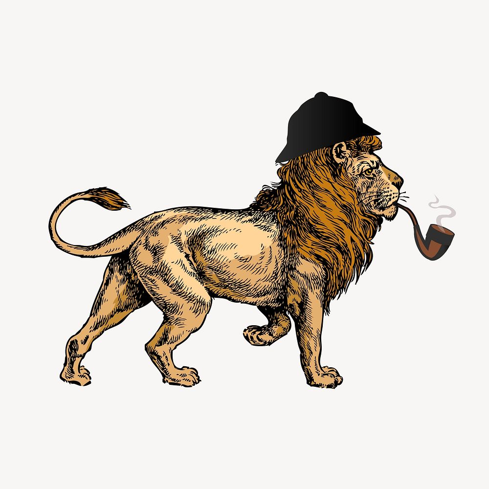 Sherlock lion clipart, vintage fairy tale illustration psd