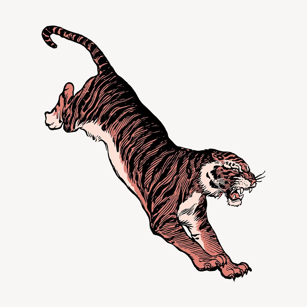 Aesthetic jumping tiger, animal vintage illustration