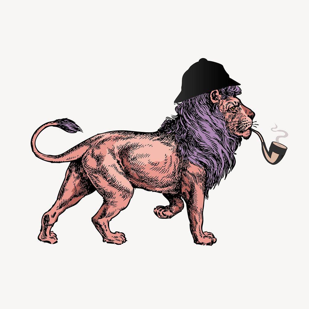 Sherlock lion clipart, funny animal, vintage illustration vector