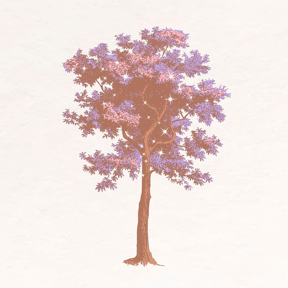 Tree aesthetic clipart, botanical glittery illustration psd