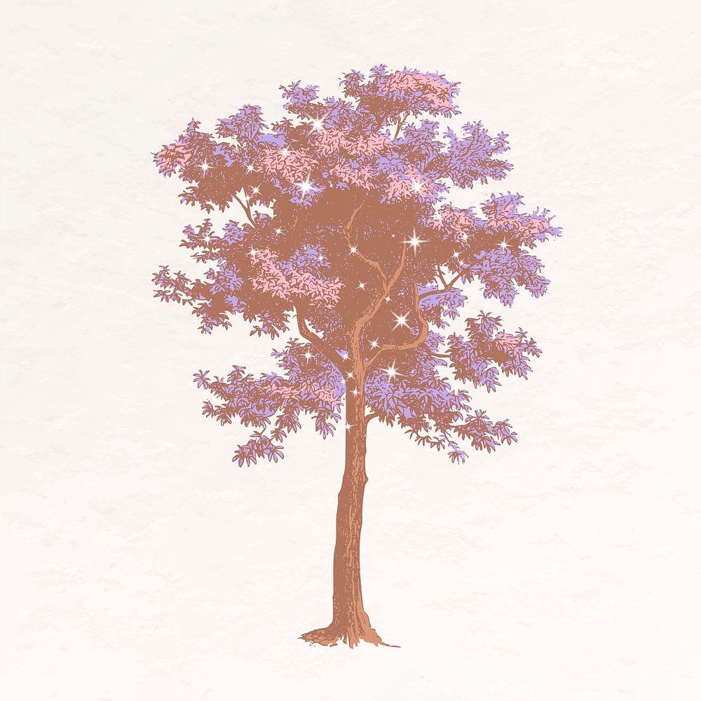 Tree collage element, nature aesthetic sparkly illustration vector