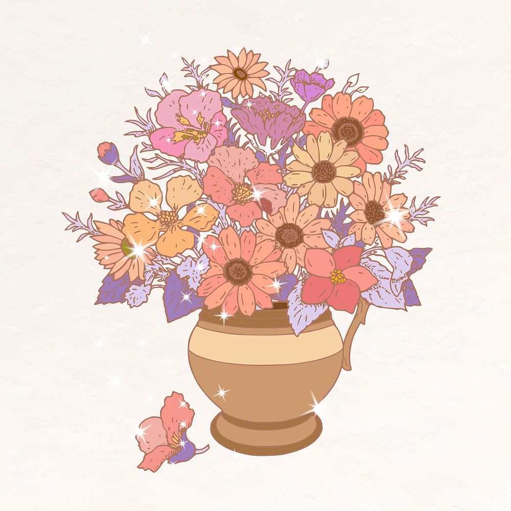 Flower vase aesthetic clipart, glittery illustration psd