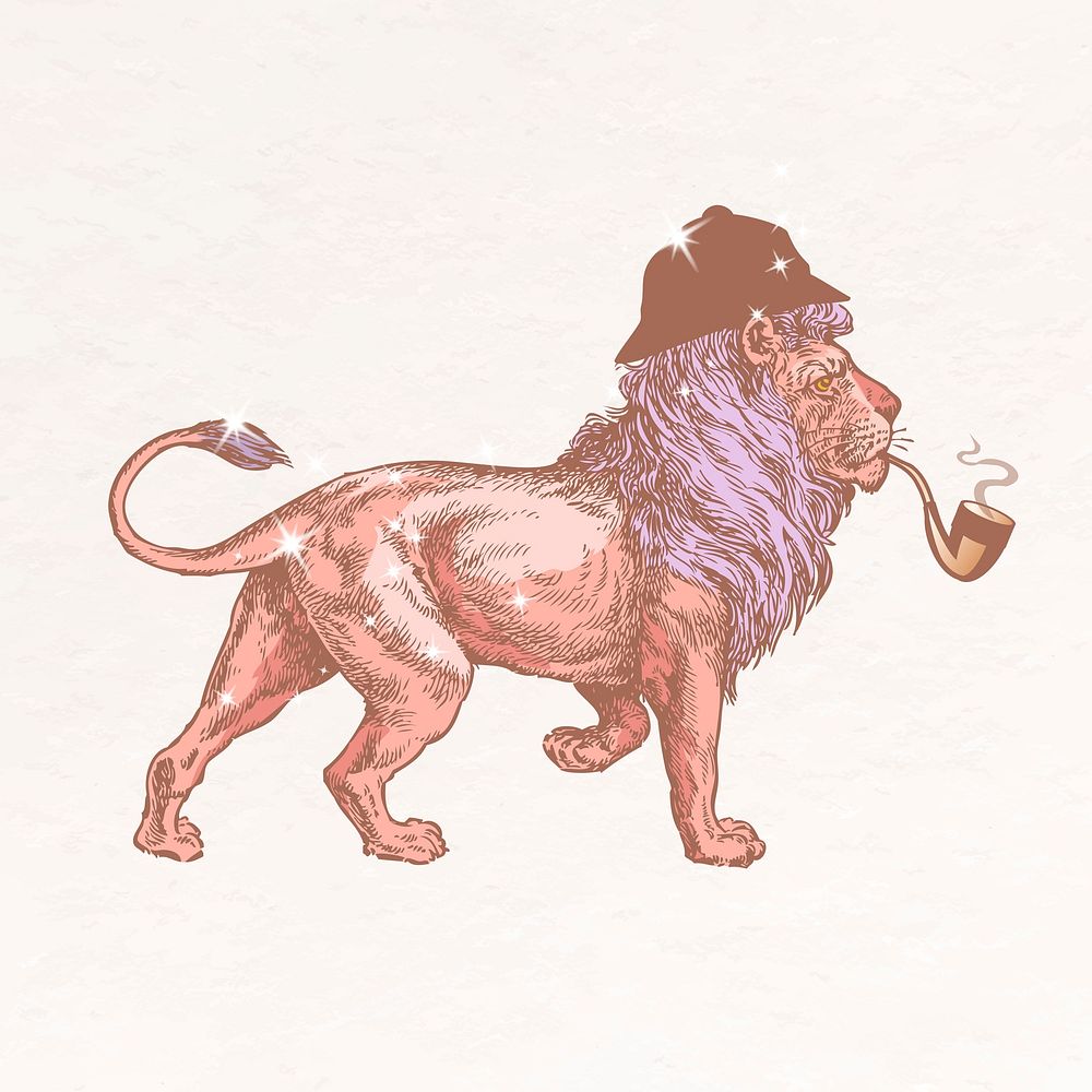 Sherlock lion aesthetic clipart, funny animal glittery illustration psd
