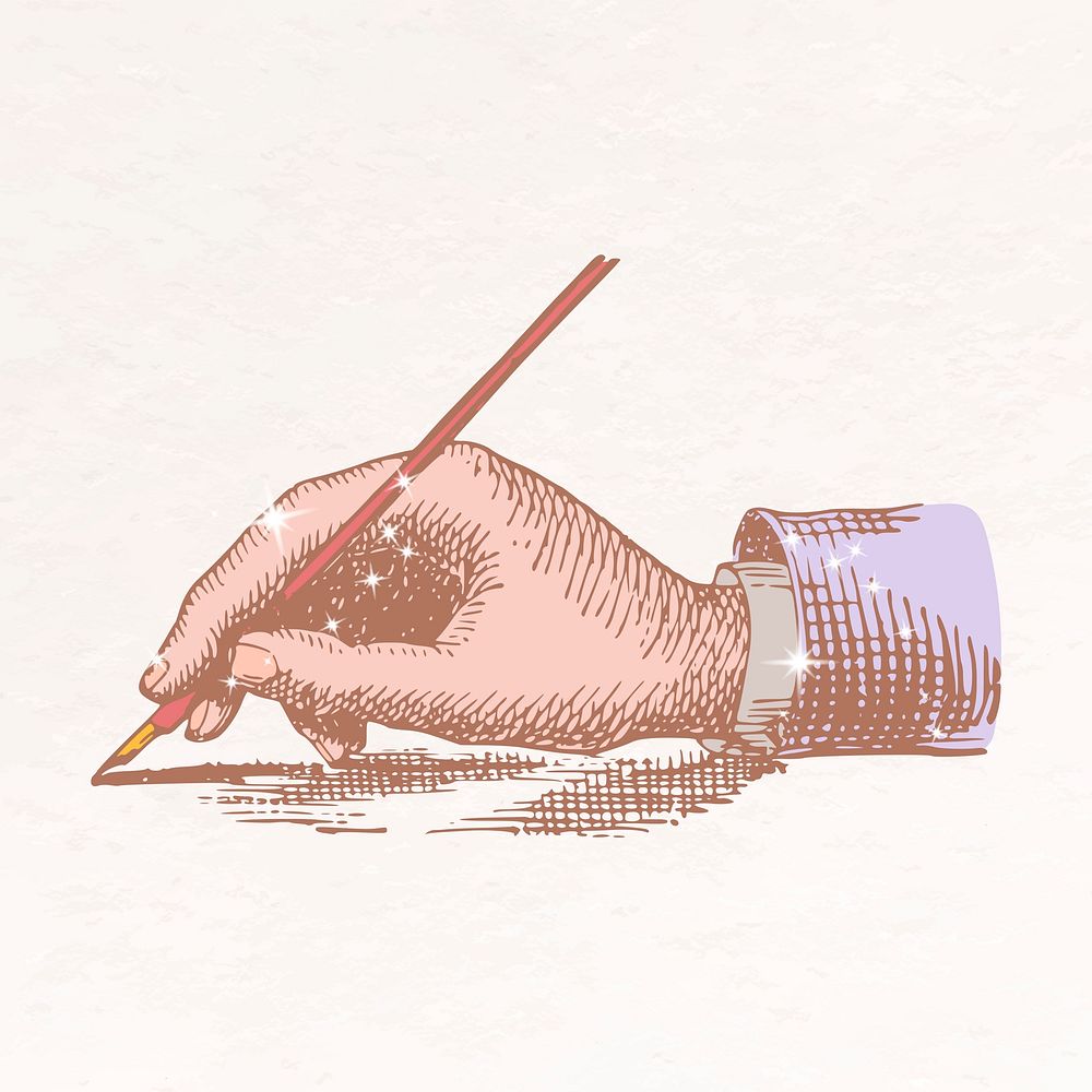 Sparkly hand holding pen, business aesthetic illustration
