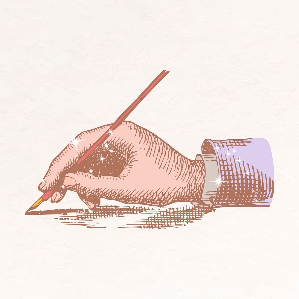 Hand holding pen aesthetic clipart, business glittery illustration psd