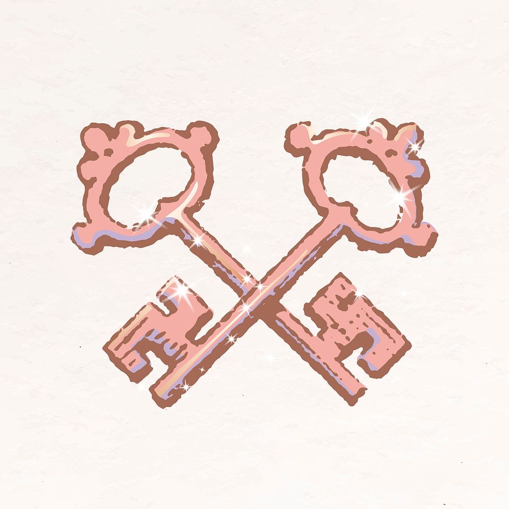 Crossed keys aesthetic clipart, glittery illustration psd