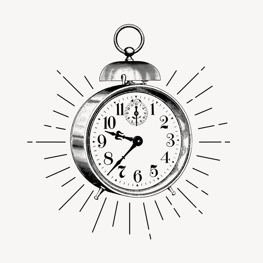 Alarm clock clipart, vintage object drawing vector
