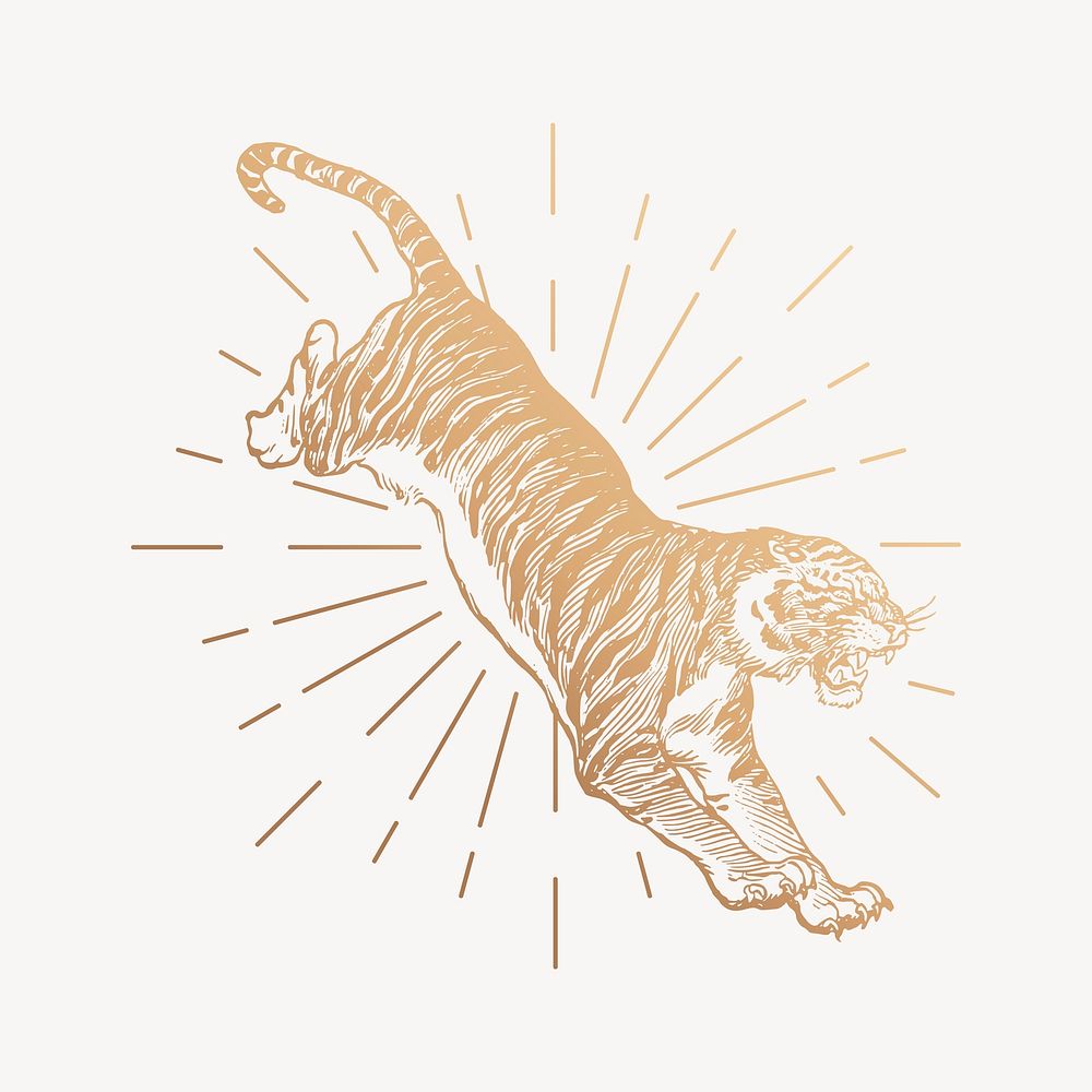 Gold jumping tiger drawing, vintage wildlife illustration psd