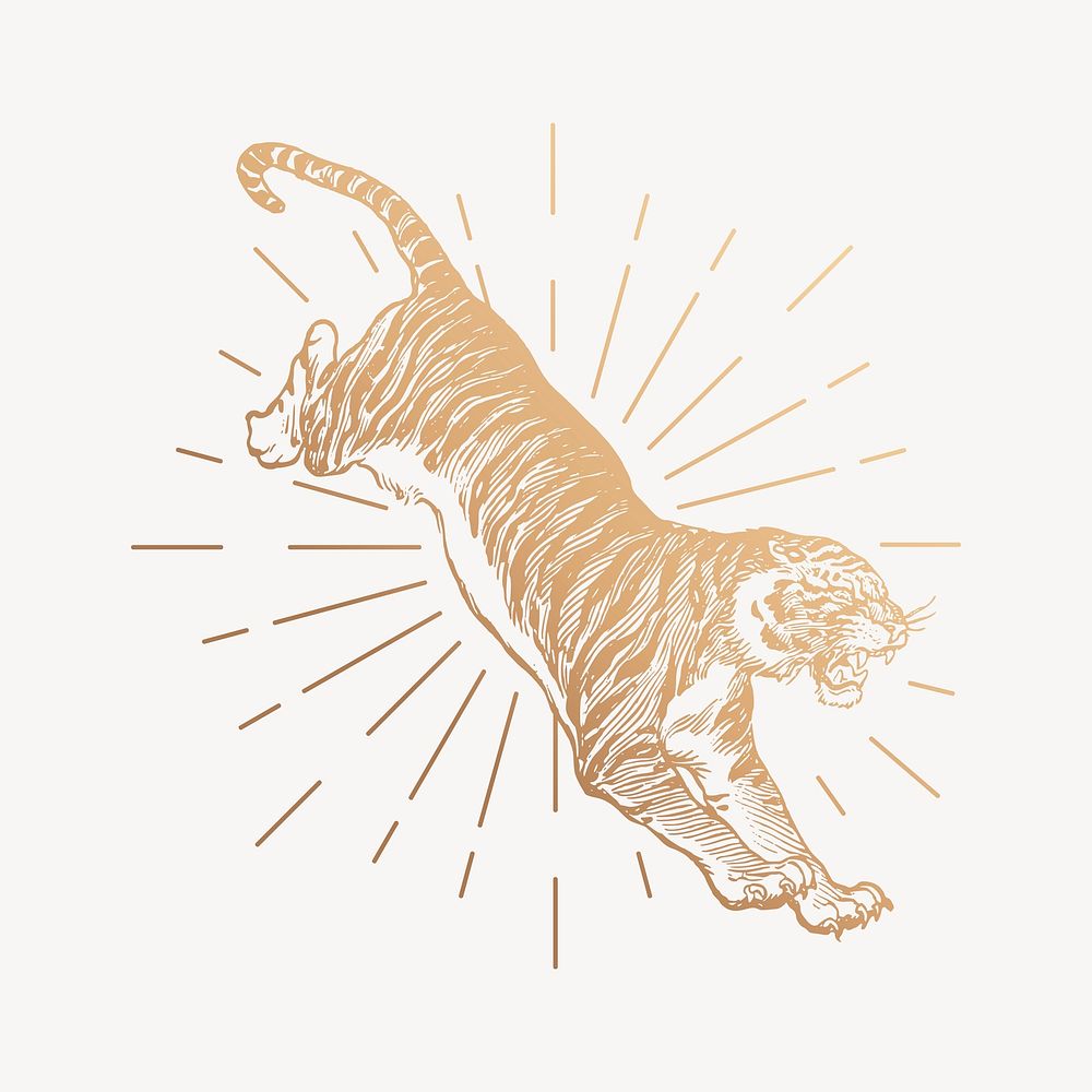 Gold jumping tiger clipart, vintage wildlife drawing vector