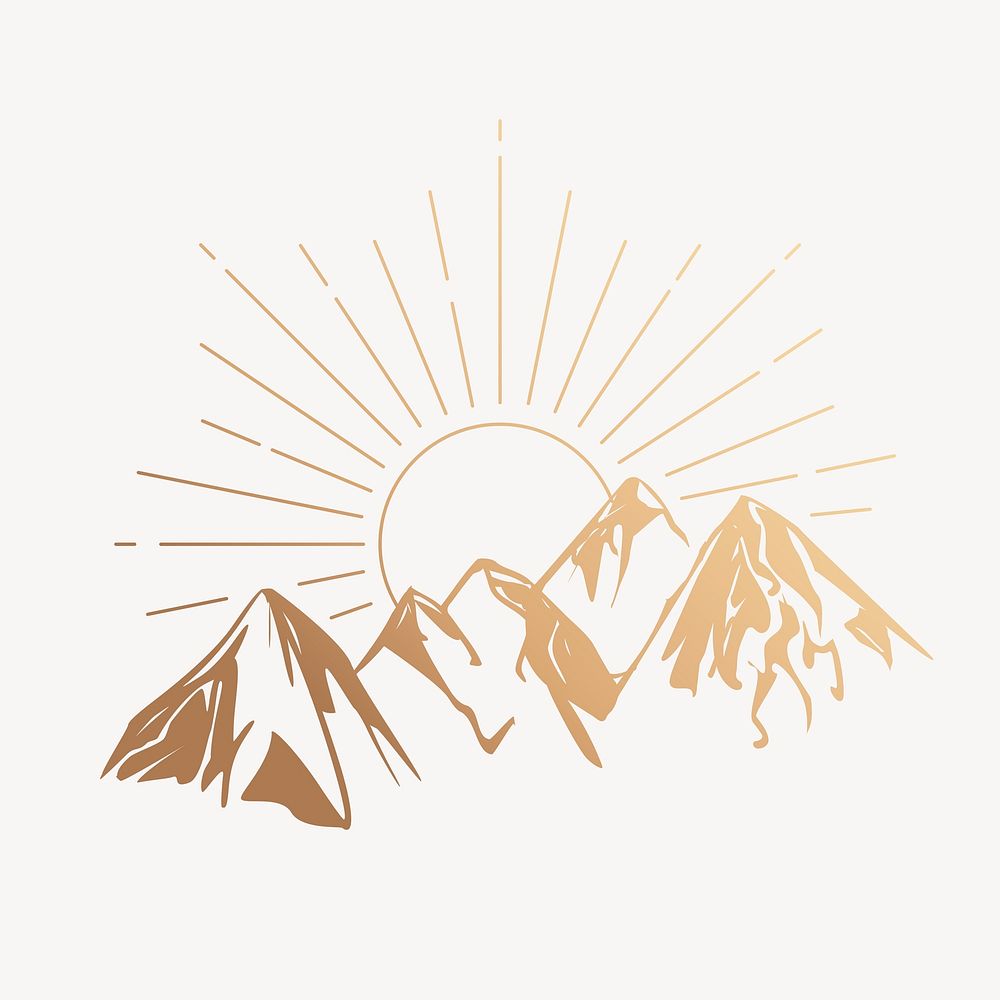 Gold mountain sunrise clipart, aesthetic nature drawing vector