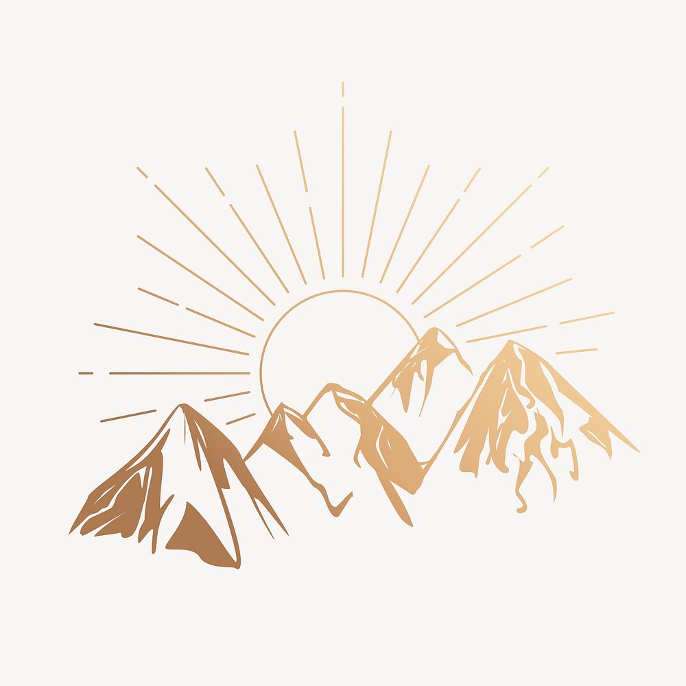 Gold mountain sunrise drawing, aesthetic nature illustration psd