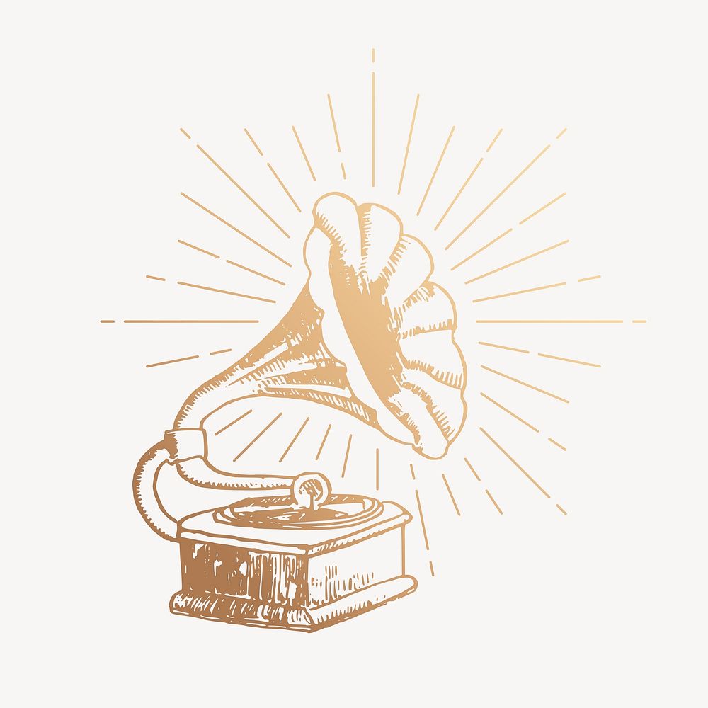 Gold gramophone drawing, vintage record player illustration psd