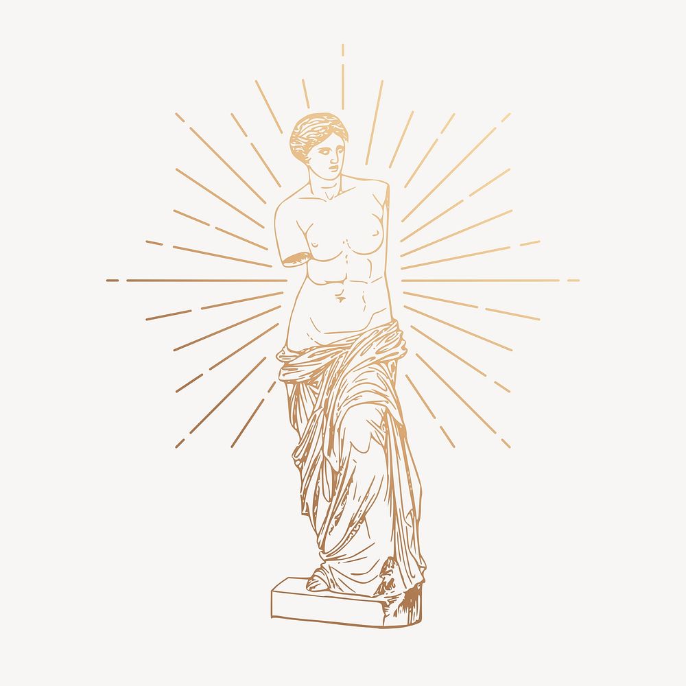 Gold nude Greek goddess statue drawing, vintage illustration psd