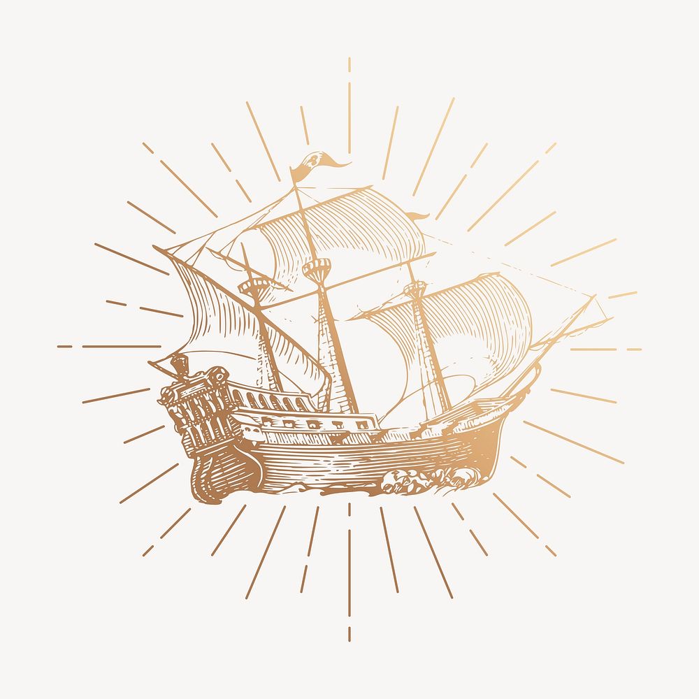 Gold sailing ship drawing, vintage aesthetic illustration psd