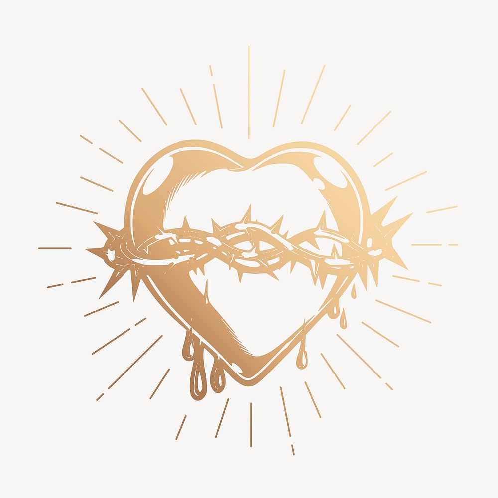 Gold sacred heart drawing, vintage religious illustration psd