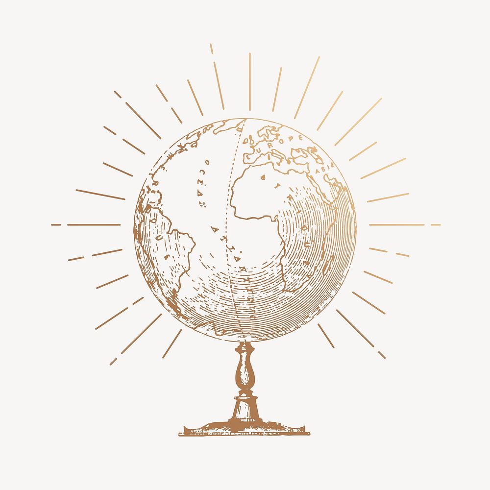 Gold globe drawing, vintage education illustration psd